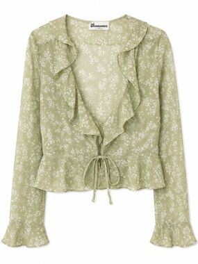No Boundaries Sage Green Floral Ruffle Tie-Front Blouse